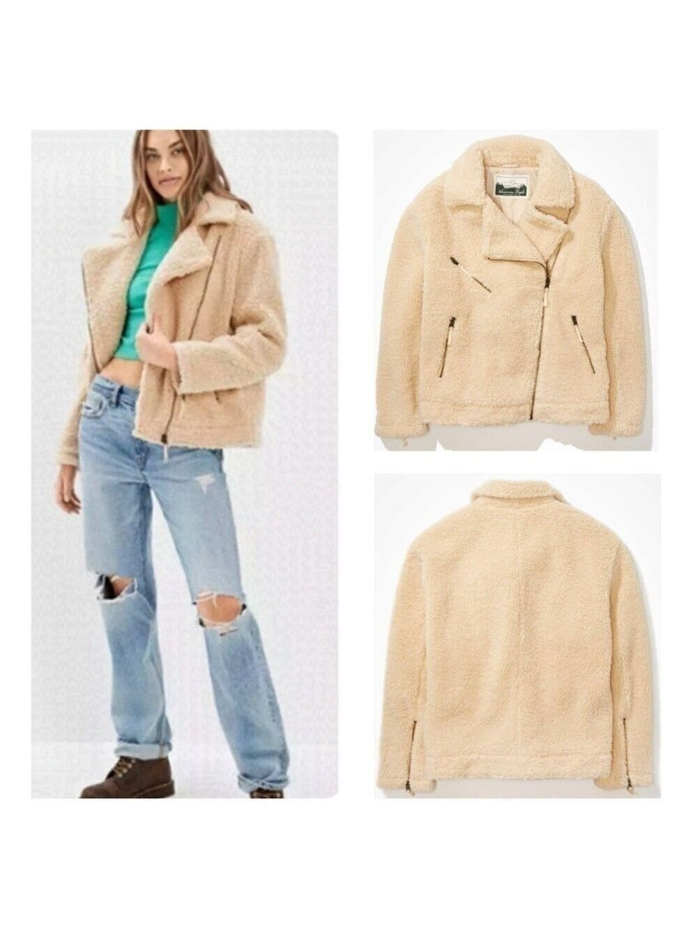NWT American Eagle AE Oversized Faux Sherpa Cozy Moto Jacket Teddy NEW Small